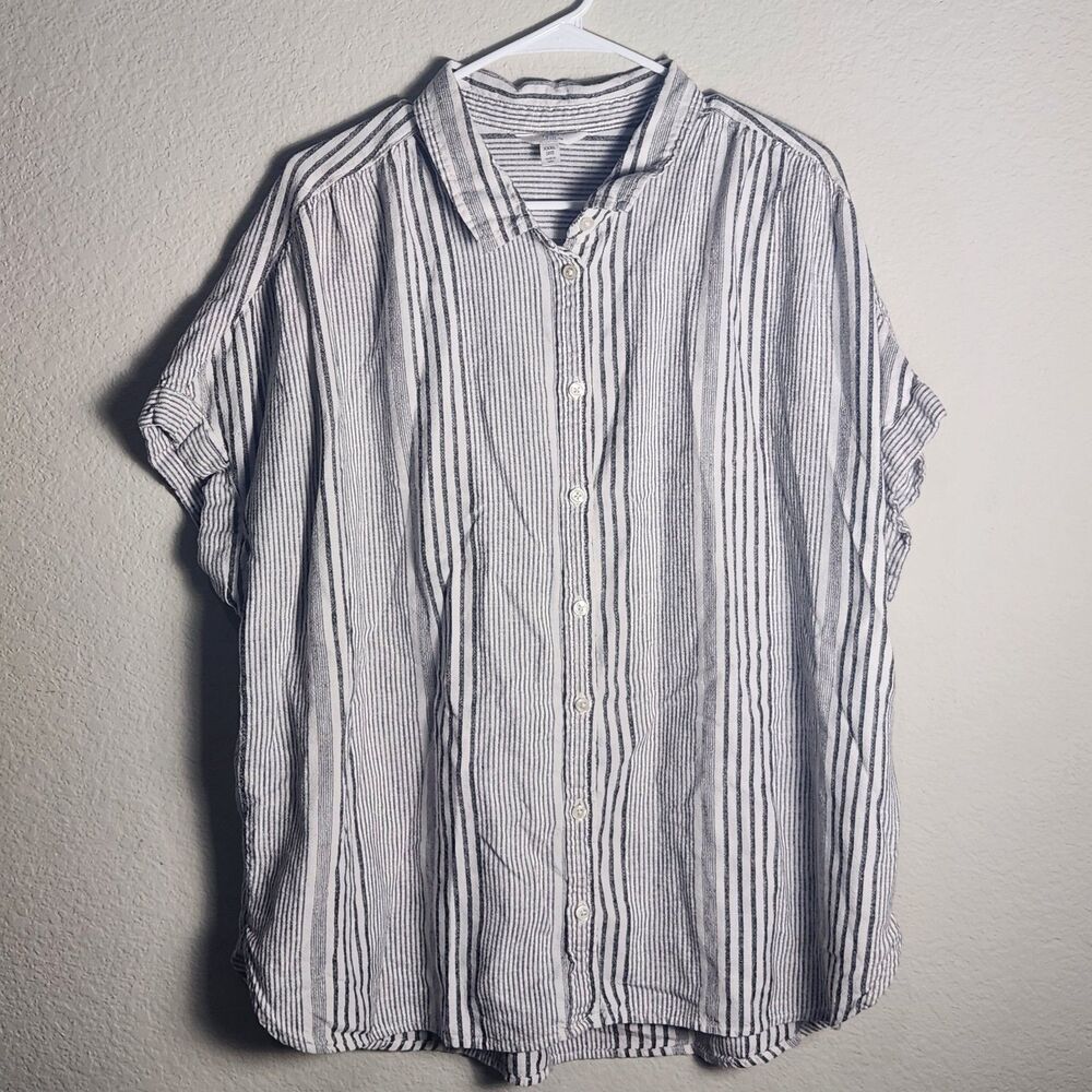 Time and Tru Womens XXXL Blue White Striped Linen Blend Button Front Blouse